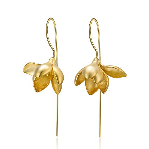 â™¥Gift for Mother's Dayâ™¥ Lotus Fun S925 Sterling Silver Flower Drop Earrings Elegant Magnolia Flower Dangle Earring for Girls and Women, Handmade Unique Jewelry (Gold)