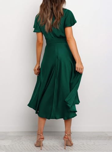 Image of miduo Womens Satin V Neck Ruffle Short Sleeve Tie Front High Waist Midi A-Line Maxi Dresses