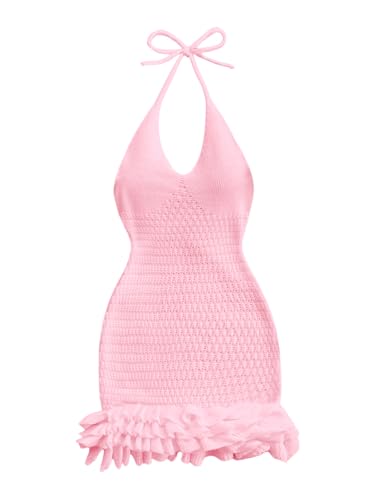Image of GORGLITTER Women's Vacation Outfit Crochet Halter Knit Bubble Mini Dress Sexy Beach Cruise Summer Miami Resort Outfits