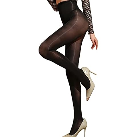 Women 8 Denier Control Top Pantyhose Hight Waist Oil Shiny Tights Compression Stockings-BlackOpen Cover