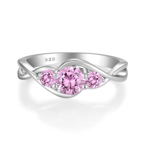 STARCHENIE 3-Stone Pink Promise Ring for her 925 Sterling Silver Infinity Wedding Engagement Birthstone Ring for Women Size 102