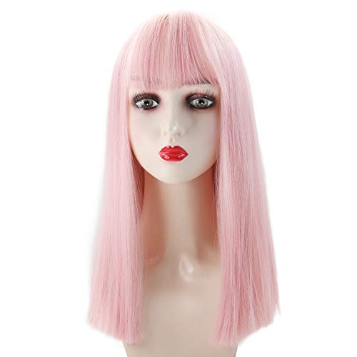 MEIRIYFA Pink Long Straight Wig with Bangs for Women Girl Fashion Synthetic Hair Replacement Full Wig for Cosplay Daily Party 17Inch