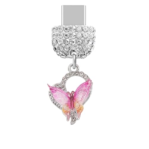 Bouchon anti-poussière Type-C en cristal avec breloque papillon pour iPhone 16 et Samsung