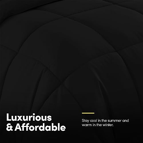 Sweet Home Collection 7 Piece Comforter Set Bag Solid Color All Season Soft Down Alternative Blanket & Luxurious Microfiber Bed Sheets, Black, Queen #TOP3