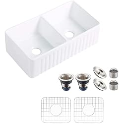 Fregadero Farmhouse Fregadero de cocina de 33 pulgadas, doble tazón 50/50 reversible, fregadero granja de arcilla blanca de porcelana granja calibre 18, fregadero frontal delantal, con coladores y rejillas inferiores