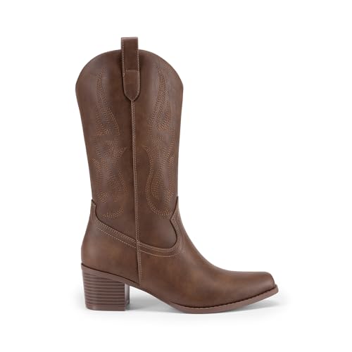 DREAM PAIRS Women's Square Toe Cowboy Cowgirl Boots Embroidered Mid Calf Western Boots Fashion Dress Low Chunky Heel Boots for Theme Party Country Concert2