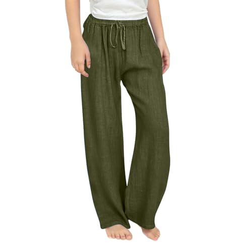 High Waisted Loose Fit Girls' Linen Pants Size 10-12 Wide Leg Drawstring Trousers