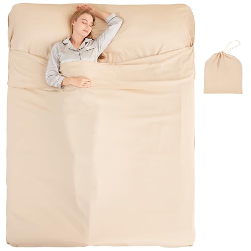 RHINSBENF Sleeping Bag Liner Camping Adult Sleep Sack Lightweight Travel Sheet for Hotel Bed Compact Ultralight Essential Cleaning Supplies Kit Travel Bedding Set for Backpacking (Sandy & Double)