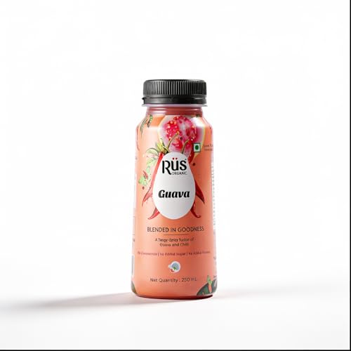 Image of Rus Organic Guava Juice | Cold-Pressed & Natural | No Added Sugar or Preservatives | Rich in Antioxidants | Refreshing Guava Fruit Drink | Pack of 8 (250ml Each) | Travel Juice | Real Guava