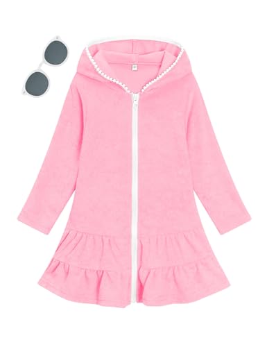 LUCKYGAL Girls Swim Cover Up Kids Long Sleeve Swimsuit Coverup Terry Beach Pool Clothes with Sunglasses - Main Image
