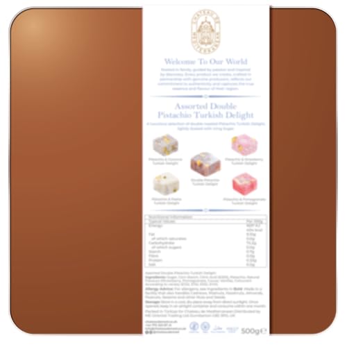 Chateau de Mediterranean Double Roasted Pistachio Turkish Delight - 500 g | Approx 26 Pieces | Luxurious selection of Strawberry, Pomegranate, Coconut & Pasha | Gourmet Lokum Dessert | Gift Box Tin