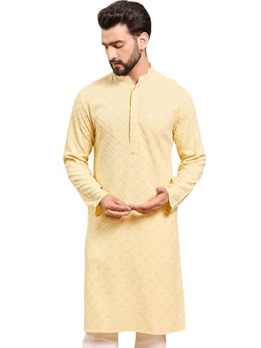 Image of Vaamsi Ethnic Bay Men's Viscose Rayon Solid Embroidered Long Straight Kurta | Men's Kurta | Embroidered Chikankari Kurta for Men | Straight Fit Kurta for Men