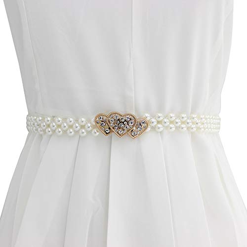 Women Elastic Stretch Belt for Dresses Pearl Rhinestone Metal Buckle Skinny Waist Belt Waistband 2cm Wide