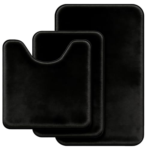 Black Bathroom Rug Set Memory Foam Bath Mats 3 Piece with Toilet Mats, Soft & Supportive, Shock Absorbing, Water Absorbent, Non-Slip Bath Rugs, Machine Washable, Area Rug, Home Decor Accessories