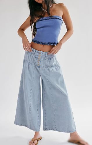 loveimgs Women Mid Rise Pleated Denim Palazzo Pants Cargo Wide Leg Baggy Jeans Ruffle Flare Harem Pants Y2k Elastic Waist2