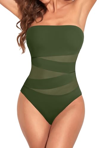 Image of Holipick Women Army Green Sexy One Piece Swimsuit Strapless Bathing Suits M | Bandeau Neckline, Mesh Cutout Design, Push Up Removable Pads, High Cut, Removable Straps, Pool Beach Cruise Resort