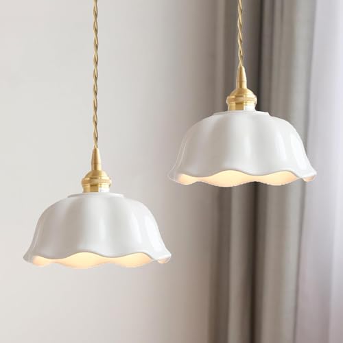 TOKTOP Set di 2 lampadari per soggiorno moderno, a forma di fiore, paralume in ceramica, a sospensione, stile retrò, E27, lampada da soffitto, lampada a sospensione nordica per cucina camera da letto