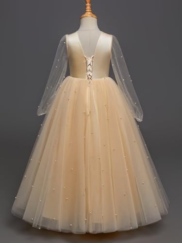 Elegant Pearls Tulle Flower Girl Dresses for Wedding Fancy Long Princess First Communion Dress Pageant Party Ball Gown2