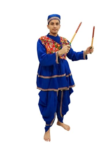 Image of BookMyCostume Blue Gujarati Kedia With A Pair of Dandiya Sticks Combo - Traditional Outfit for Navratri & Festivals | Gujarat Fancy Dress Costume For Kids & Adults 12-13 Years