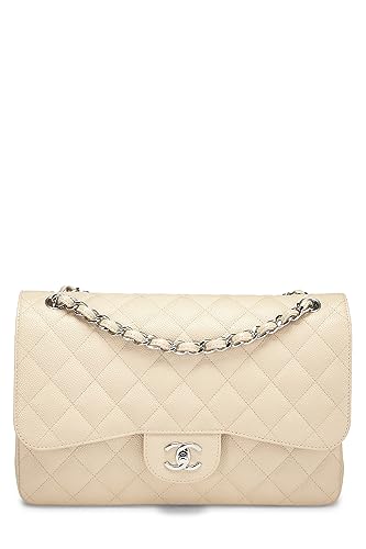 Chanel, Pre-Loved Beige Quilted Caviar New Classic Double Flap Jumbo, Beige