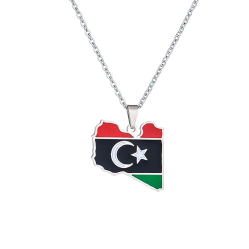 Macracrua Collier léger avec pendentif carte du drapeau de la Libye en acier inoxydable, bijou unisexe minimaliste, 50cm Chain, Acier inoxydable, Pas de pierre précieuse