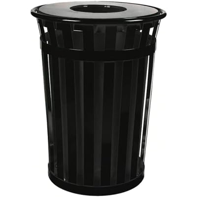 Oakmont Round 36 Gallon Commercial Trash Can | Steel Outdoor Industrial Trash Can with Swing Top | Great for Outdoor Public Spaces - Black