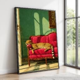 Tableau guépard sur canapé rouge vintage 80x110 toile décoration luxe