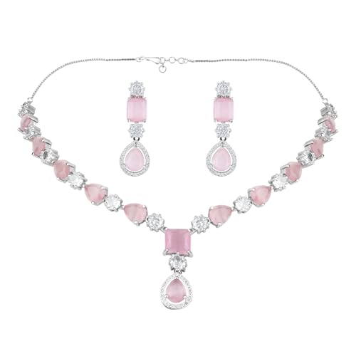 Image of I Jewels Silver Plated Cubic Zirconia American Diamond Valentines Special Necklace & Drop Earrings Jewellery Set for Women