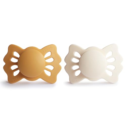 Image of FRIGG Lucky Symmetrical SilkySoft Silicone Baby Pacifier | Made in Denmark | BPA-Free (Honey Gold /Cream, 0-6 Months)