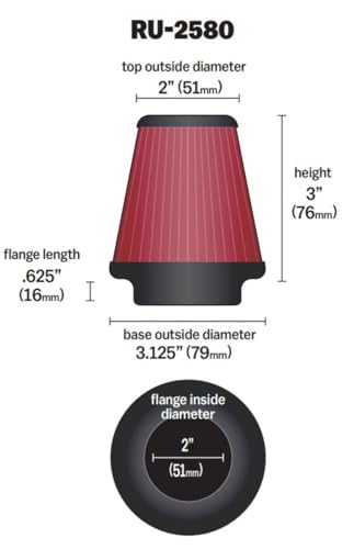 Image of K&N High-Flow Original Lifetime Universal Clamp-On Air Filter: High Performance, Premium, Washable: Flange Diameter: 2 In, Filter Height: 3 In, Flange Length: 0.625 In, Shape: Round Tapered, RU-2580