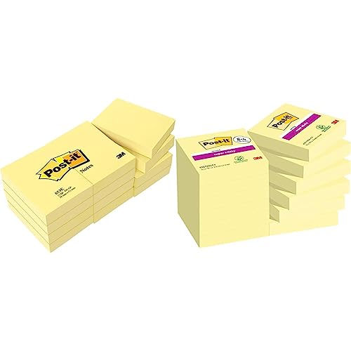 Notes Post-it Super Sticky carrées et rectangulaires jaunes, lot économique de 12 blocs
