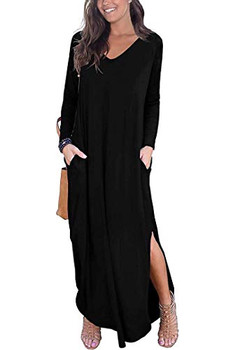 Vestidos Mujer Casual Largos Vestido Cuello V Manga Larga Otoño Vestidos Boho Hendidura Falda Larga Maxi Vestido Blacklong XXL