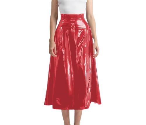 Women High Waist A Line Faux Leather Long Pleated Skirt with Zipper Back Business Casual Skirts