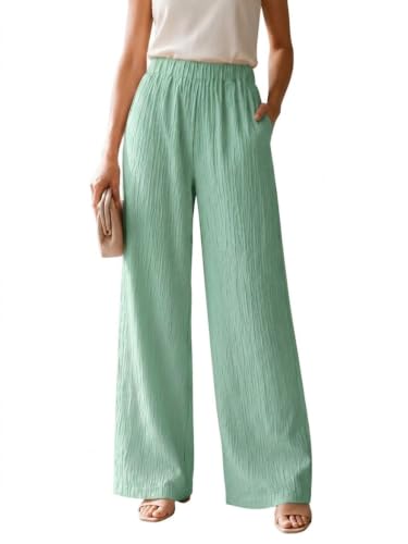Image of Women's High Waist Wide Leg Trousers | Textured Crinkle Palazzo Pants | Elastic Waist Casual Formal Office Wear Trousers | Comfortable Lightweight Bottom Wear for Women