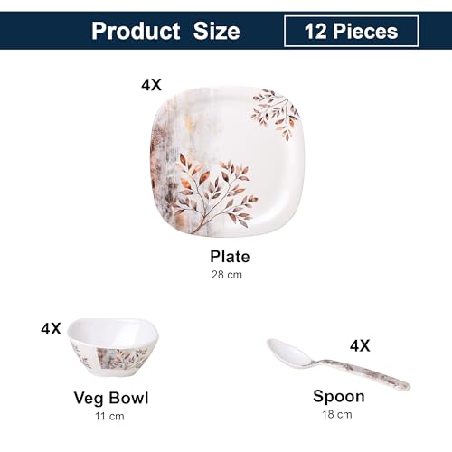 Image of Golden Fish 12 Pcs Individual Place Setting Dinner Set for 4 | 4 Full Plates, 4 Veg Bowls & 4 Eating Spoons | Ready-to-Serve Combo for Daily Meals, Home Dining & Practical Gifting