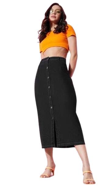 tripursundari fashion Z Black Plain Buttoned Straight Long Denim Woman Skirt-picture-32