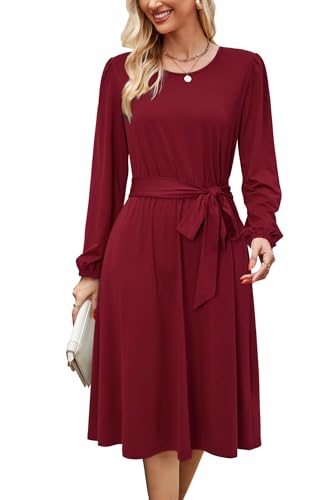 Image of Newshows Womens Long Sleeve Casual Dresses 2025 Business Work Teacher Fall Church Belted A Line Flowy Midi Dress