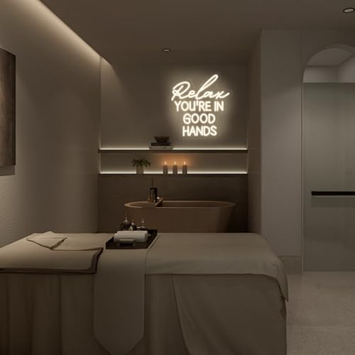 Image of Relax You're In Good Hands Neon Sign Hair Salon Beauty Studio Led Light | USB Powered Dimmable Barber Shop Massage Esthetician Wall Art Decor Gift for Hairdresser 13.8 inchx13 inch