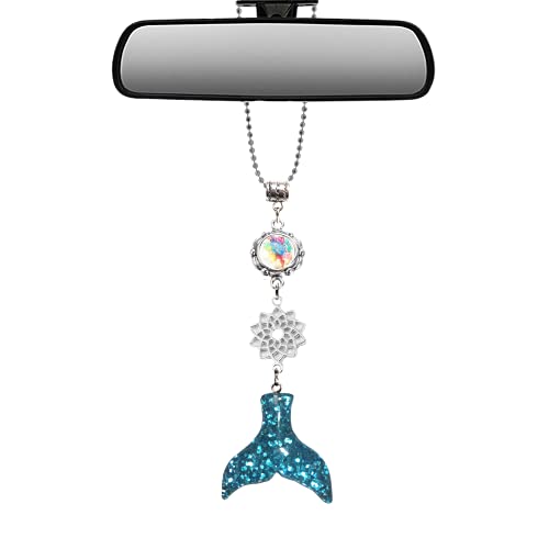 Mossy Cabin Handmade Bling Assorted Mirror Car Charm Hanger Dream Catcher Ornament with Adjustable Chain (Mermaid Tail Blue and Silver Glitter)