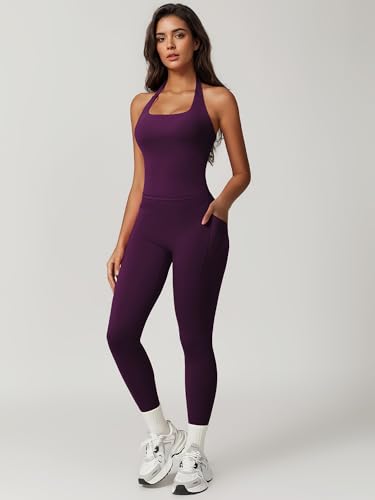 RXRXCOCO Open Back Workout Sets for Women 2 Piece Halter Tank Tops Hidden Scrunch Leggings Matching Set with Pockets2