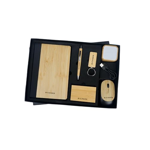 Image of Personalised 6 in 1 Corporate Gift Set which Includes Diary,Keychain, Speaker, Pen,Cardholder & Mouse. Bamboo Gift Set for, Employee of The Month, Corporate Gift for Clients.