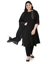 PrettyPlus by Desinoor.com Women Plus size Kurta Trousers set also called kurta pant set with Dupatta in Black color on Rayon fabric.