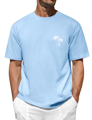 TOMEEK Men's T-Shirts Summer Oversized 100% Cotton Mens T Shirt Casual Crew Neck Short Sleeve Fashion Palm Print Basic Tee Tops(Blue,L)
