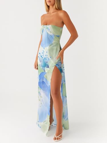 Image of Women Y2k Strapless Maxi Dress Floral Print Tube Long Dress Boho Beach Sundress Going Out Streetwear