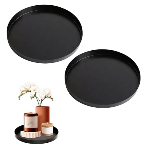 2pcs Black Round Trays Decorative, Black Decorative Tray, Candle Trays for Living Room, Perfume Coffee Table Decor Bathroom Tray Candle Plate Suitable for Vanity Coffee Table Decoration