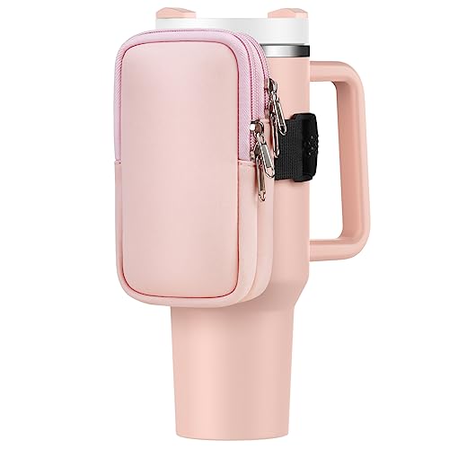Water Bottle Pouch For Stanley Cup 40oz 30oz Running Water Bottle Bag for Cards Keys Phone Gym Accessories For Men Women Travel Tumbler Mug Pouch Compatible With Stanley Simple Modern(Pink)