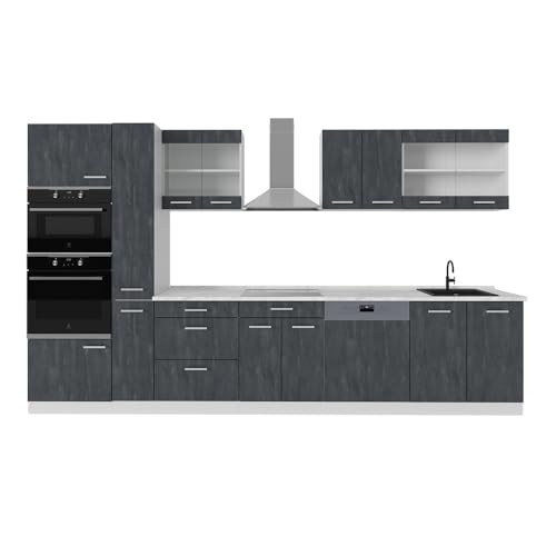 Vicco Küchenzeile R-Line, Schwarz Beton/Weiß, 350 cm ohne Arbeitsplatte, zur individuellen Anordnung und Erweiterung geeignet