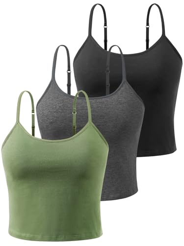 Air Curvey 3-Pack Womens Short Camisole Built in Bra Cotton Crop Tops Adjustable Spaghetti Strap Tank Tops