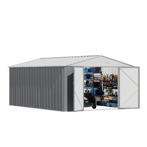 Image of Devoko 10x14 FT Outdoor Storage Shed, Large Metal Storage Sheds with Lockable Door, Utility Garden Tool Shed with Sloping Roof, Outside Steel Storage Sheds for Patio Lawn Backyard, Gray