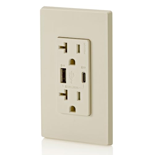 Image of Leviton T5834-T 60W (20V@2.5A+ 5V@2A) USB Dual Type A /Type-C Power Delivery in-Wall Charger with 20A Tamper-Resistant Outlet, USB Charger for Smartphones, Tablets, Laptops, Light Almond